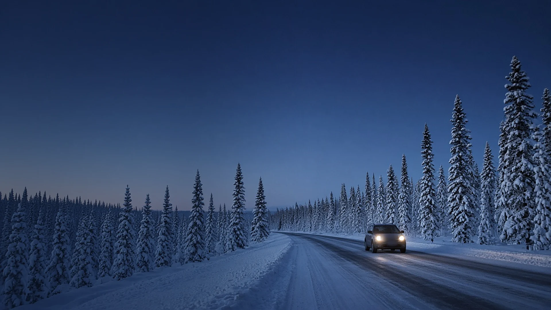 A vehicle with its headlights on driving a snowy highway through spruce forest at twilight