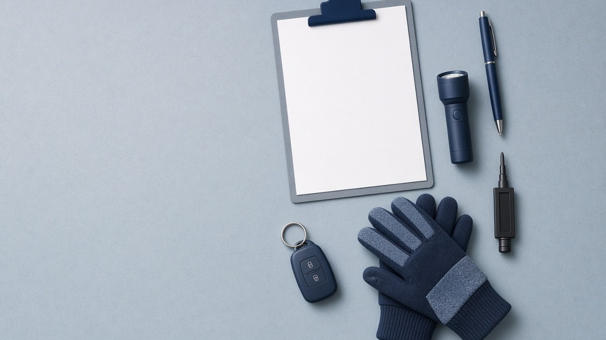 A clipboard, pen, flashlight, key fob and winter gloves laid out on a table